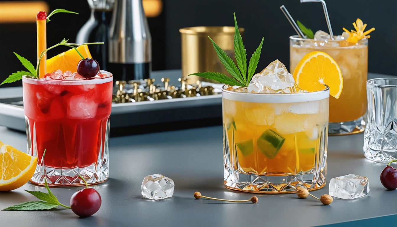 Red cocktail with cherry, yellow drink with ice and leaf, orange drink with slice and flower, on a gray table with scattered ice cubes