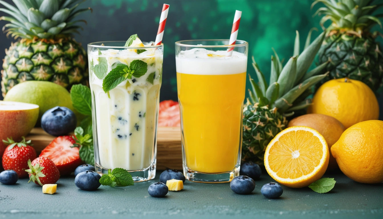 Two glasses with fruit smoothies, one creamy with mint and blueberries, the other orange. Pineapples, oranges, and berries surround them