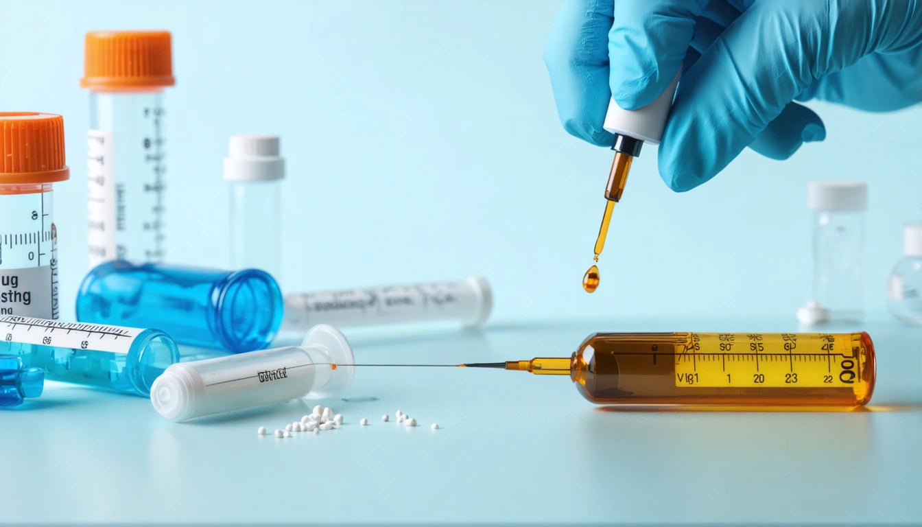 Gloved hand holding dropper above amber syringe, surrounded by test tubes and small white pellets on a light blue surface