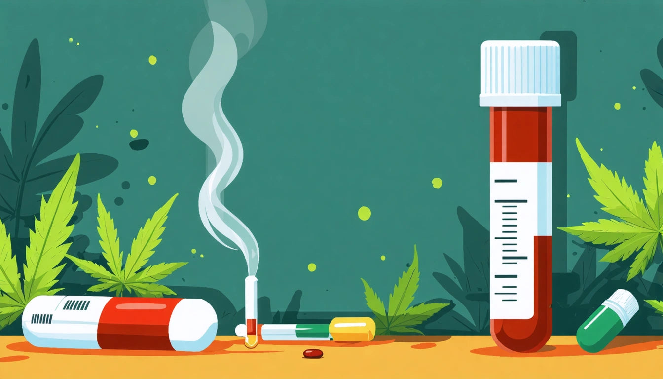 Red pill bottle, cigarette with smoke, capsules, and leaves on a surface against a green background
