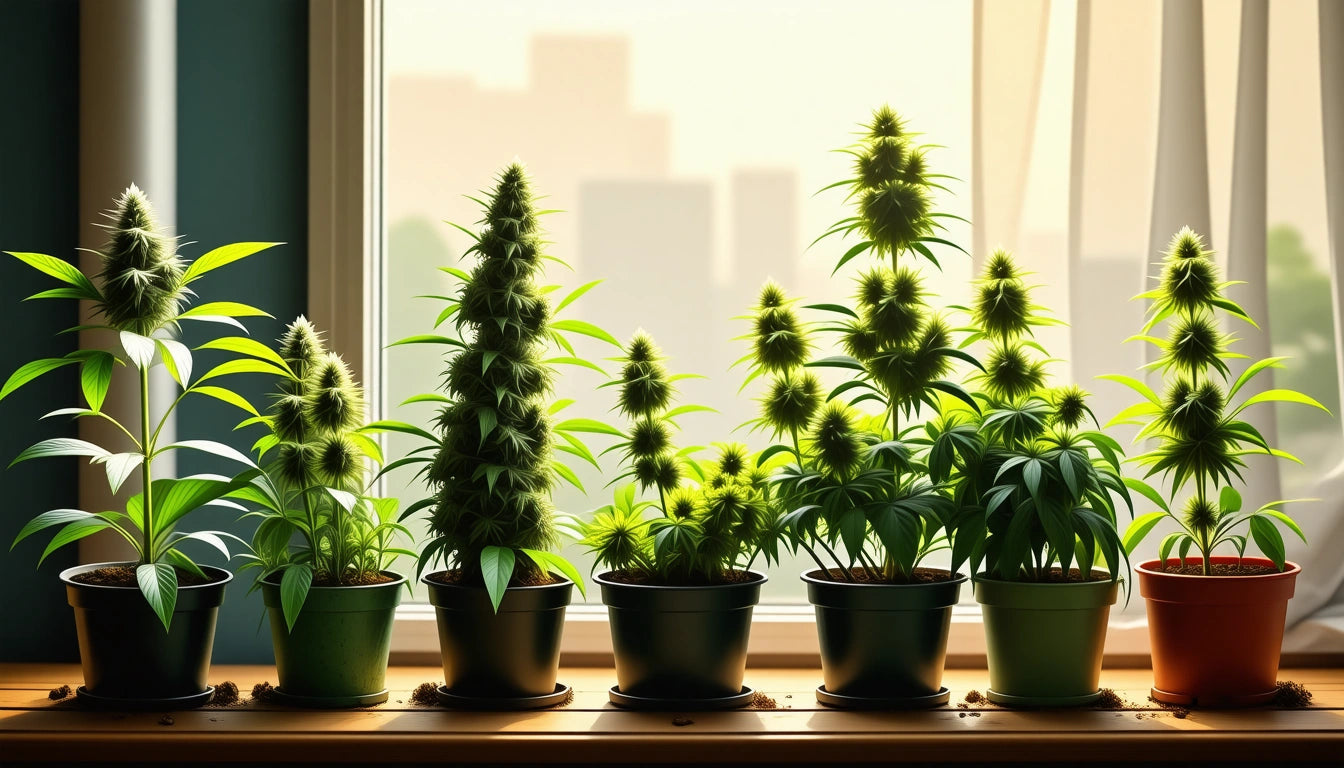 Six potted plants with spiky leaves on a windowsill, backlit by soft sunlight, with blurred cityscape in the background