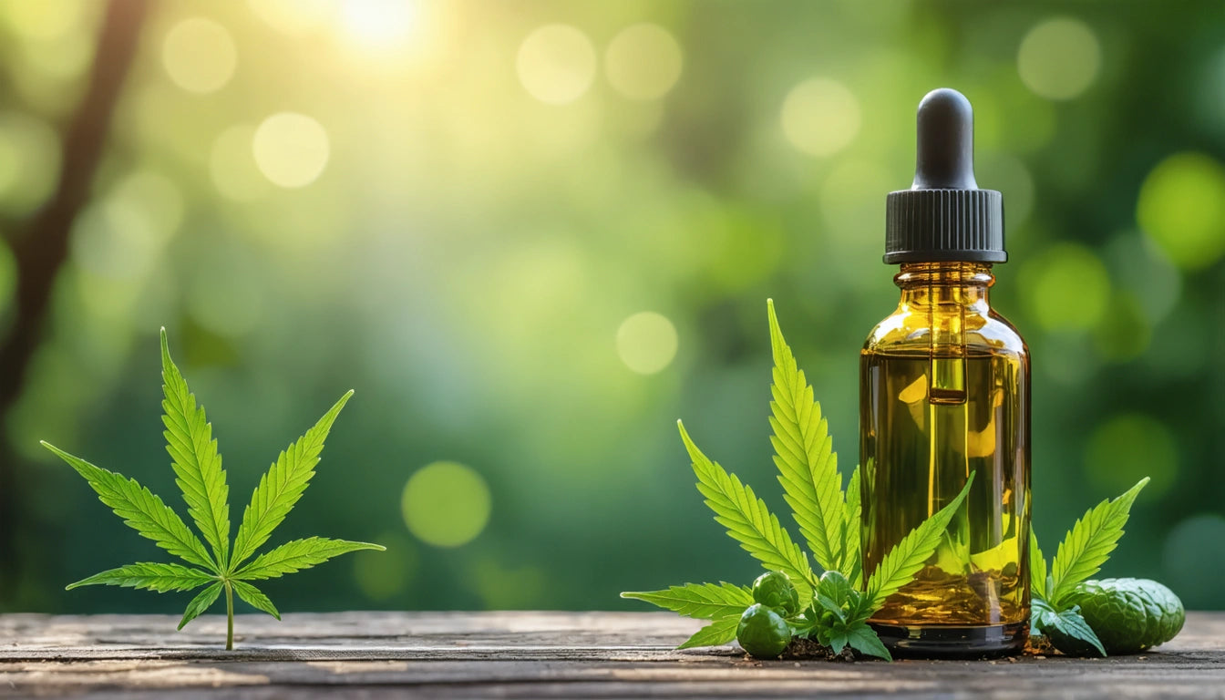 Amber dropper bottle with black cap, surrounded by green leaves on wooden surface, blurred green bokeh background
