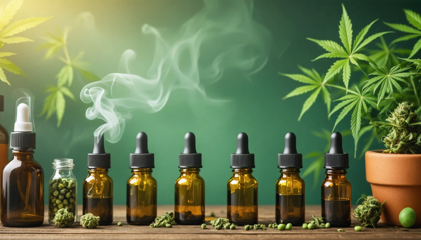 Amber dropper bottles in a row, smoke rising from one, surrounded by green leaves and buds on a wooden surface