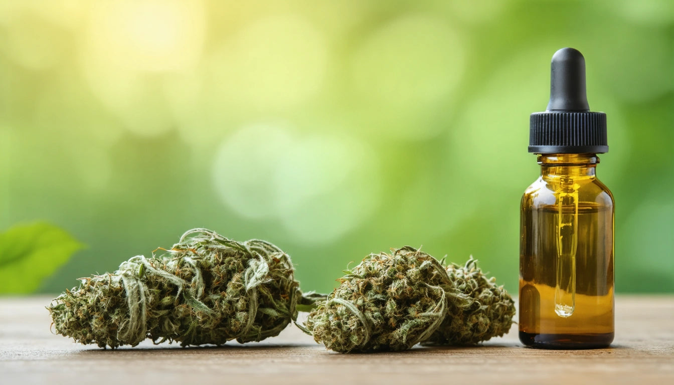 Amber dropper bottle next to two dried green plant buds on wooden surface, with blurred green background