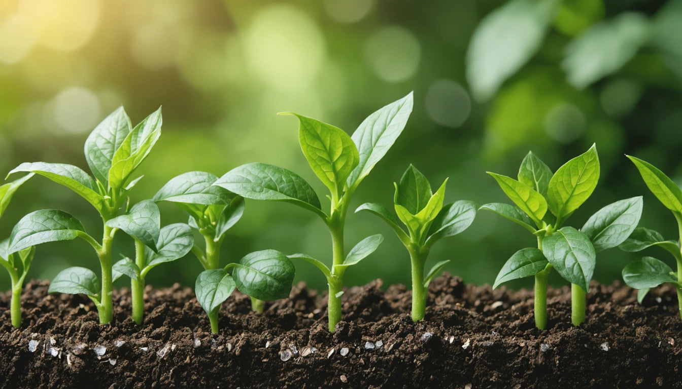 Young green plants sprouting from soil, with a blurred green and yellow background