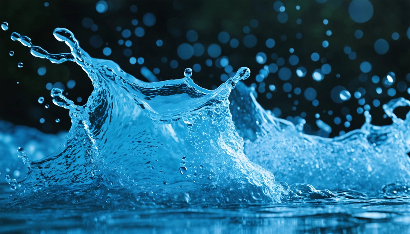 Blue water splashes with droplets suspended in mid-air against a dark background