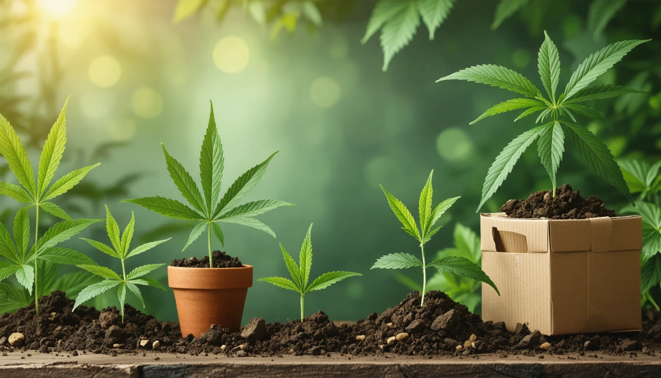 Potted plant and seedlings with green leaves on soil, cardboard box, blurred green background with sunlight and bokeh