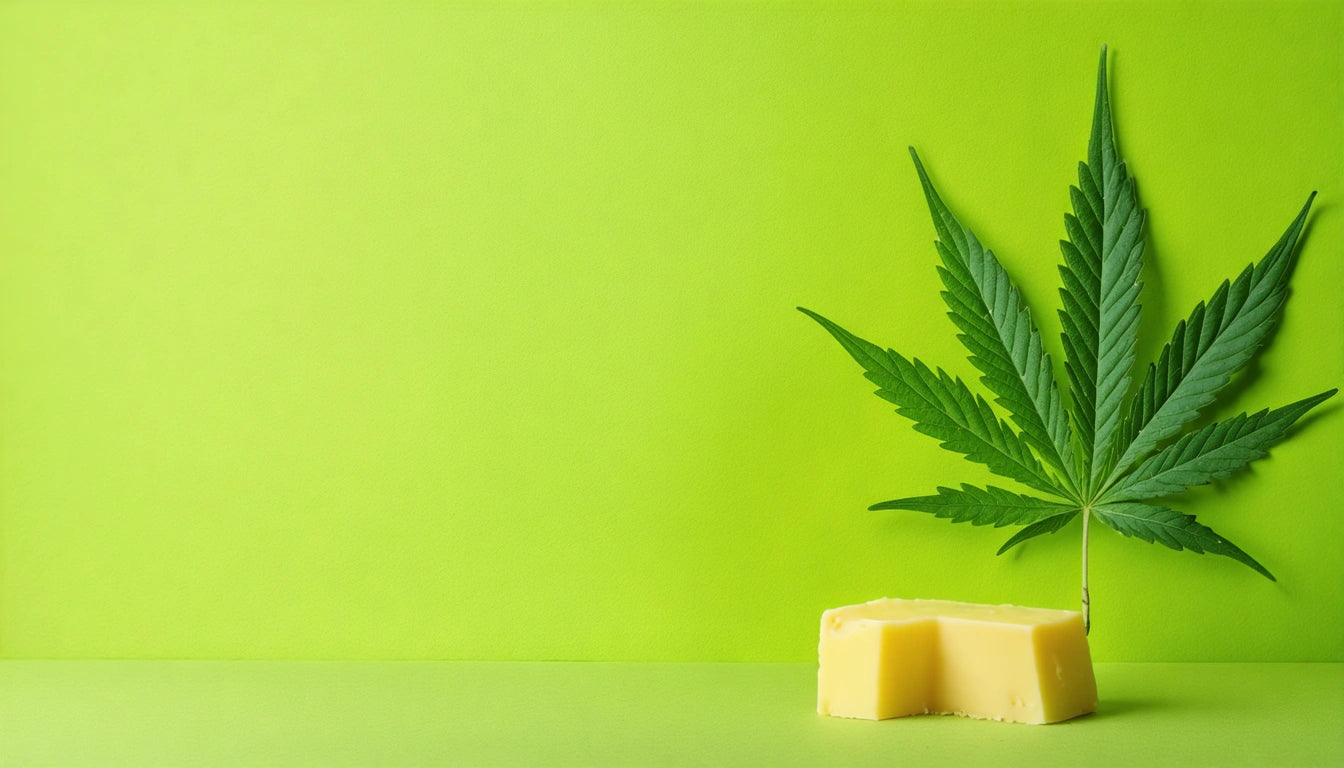 Green leaf and a block of yellow butter on a bright green background