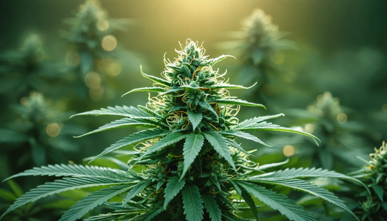 Green plant with pointed leaves and dense clusters, backlit by warm sunlight, surrounded by similar plants in soft focus