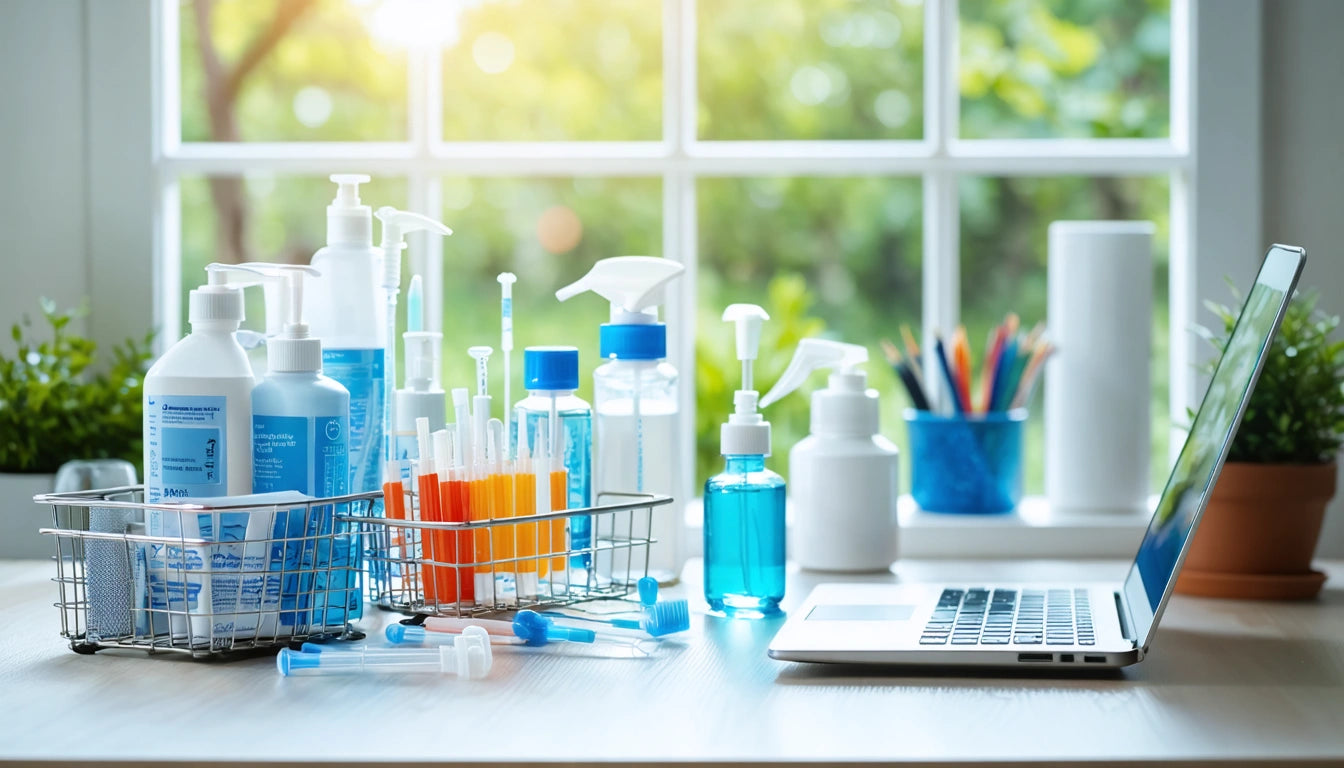 Bottles and test tubes on a table near a laptop, with sunlight streaming through a window and plants in the background