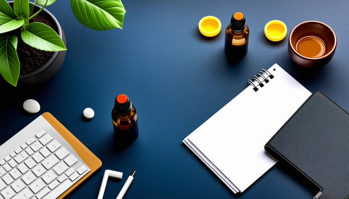 Keyboard, notepad, pen, and small bottles on a dark blue desk, with a potted plant and a cup nearby
