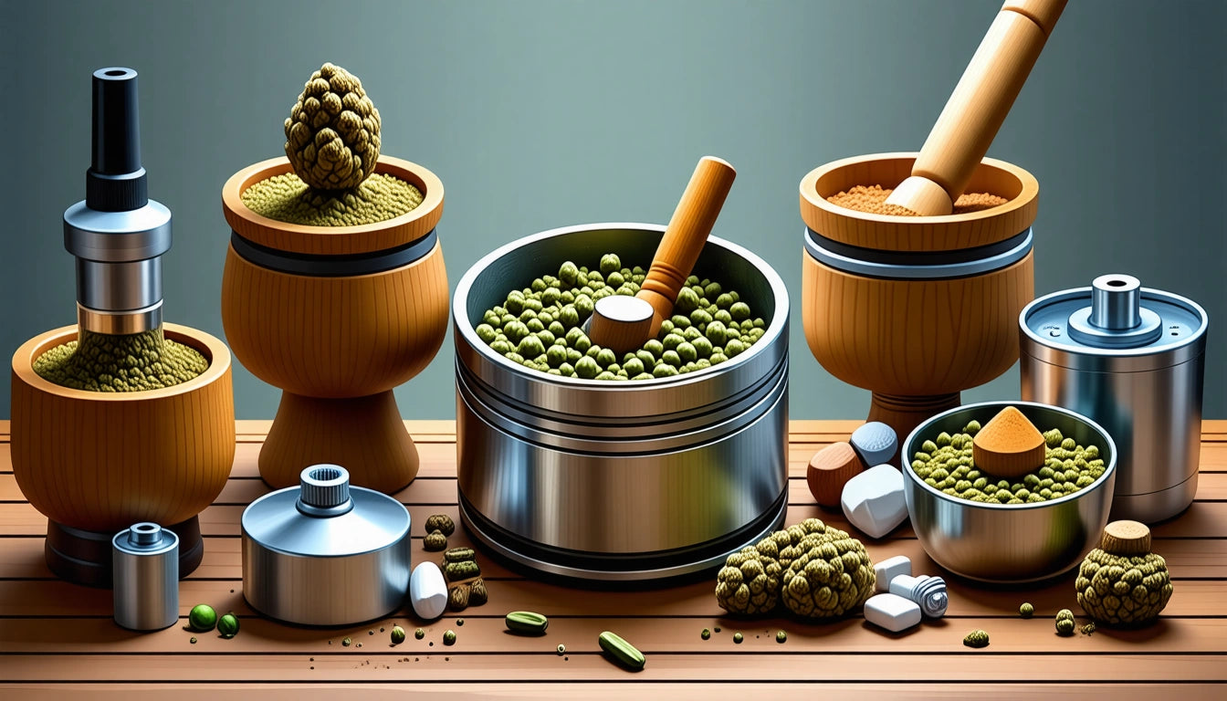 Wooden and metal containers with green and brown powders, pestles, and scattered capsules on a wooden surface