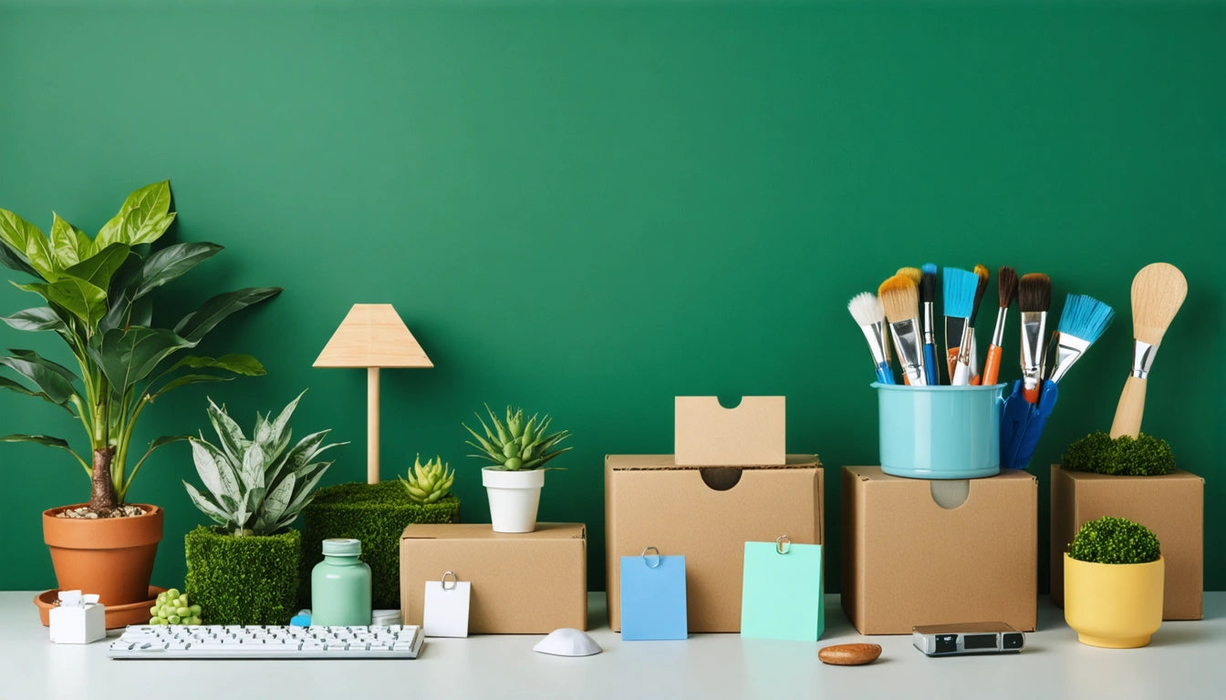 Plants, cardboard boxes, and art supplies on a desk against a green wall, with a keyboard and lamp on the left