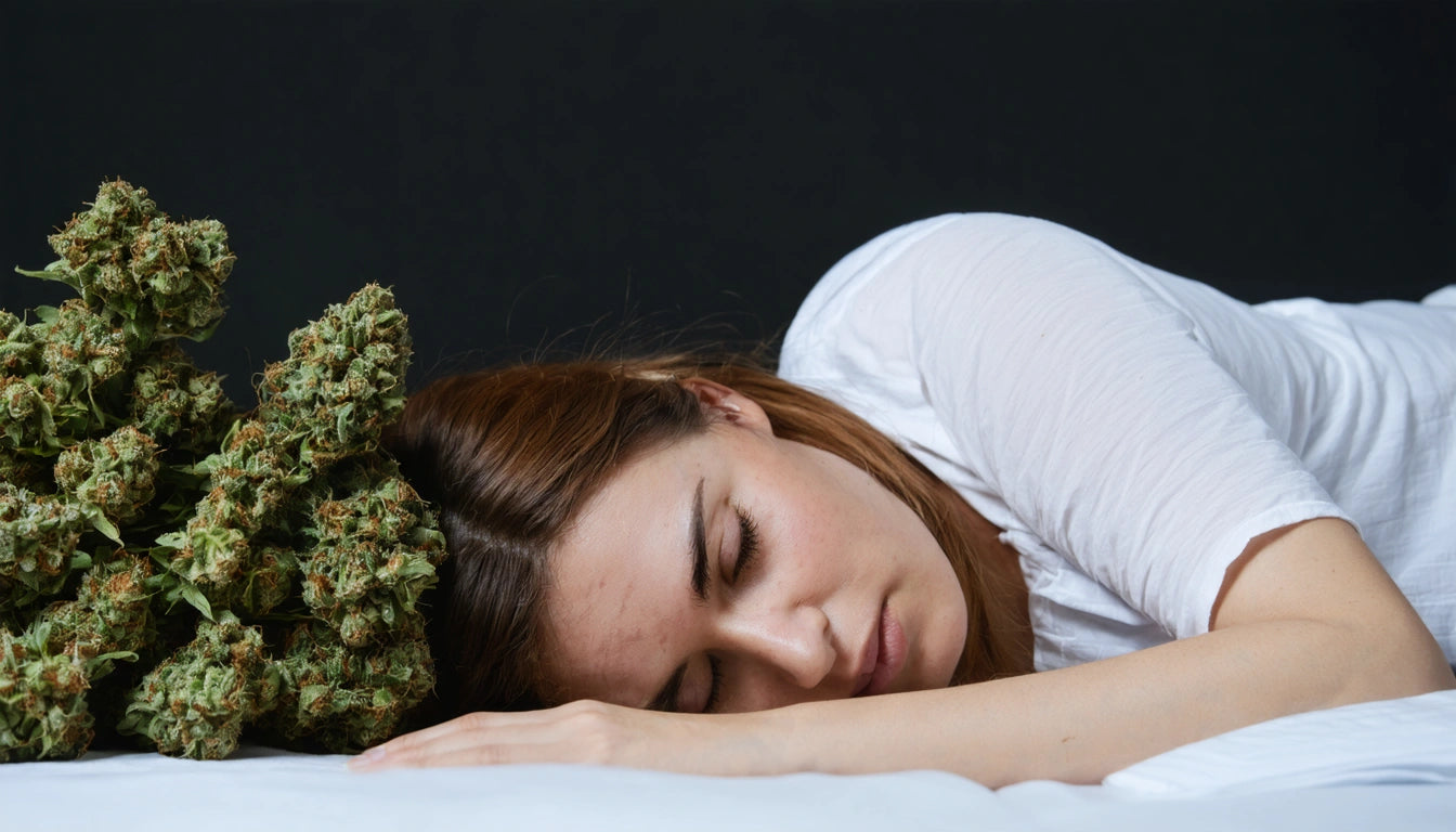 Woman in white shirt lying on side with head resting on green plant against a dark background