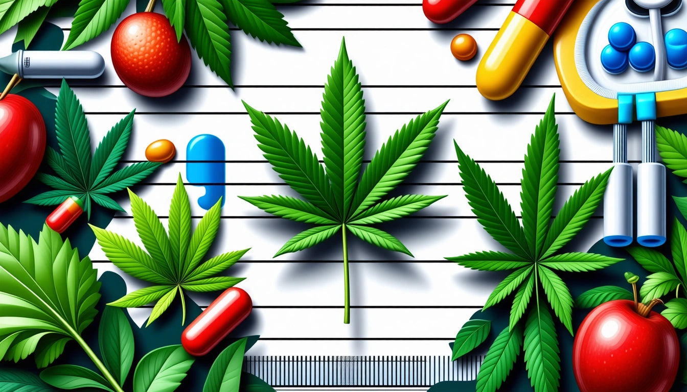 Green cannabis leaves surrounded by colorful pills and fruits on a striped white background