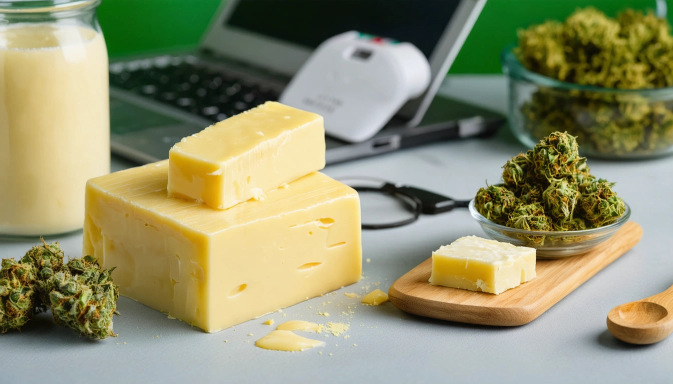 Laptop on table with large cheese block, smaller cheese slice on wooden board, and bowls of green herbs nearby