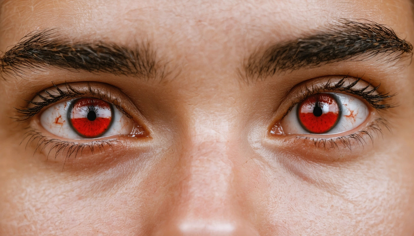 Close-up of eyes with bright red irises, surrounded by natural skin tone and dark eyebrows