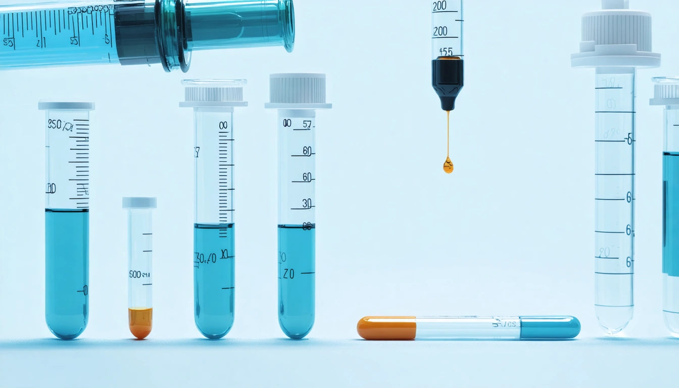 Test tubes with blue liquid, one with orange, syringe above, and a capsule on a light blue background