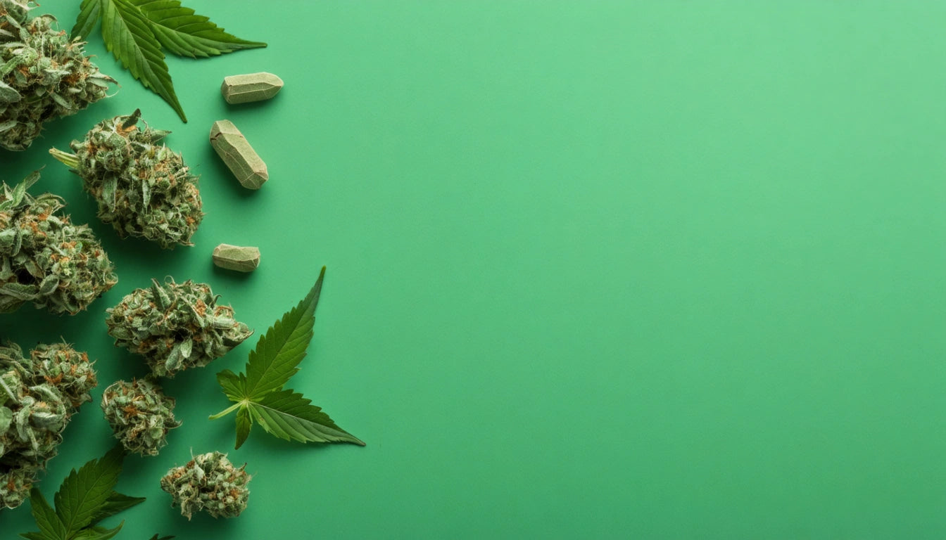 Green buds, leaves, and oblong tablets on a light green background, arranged on the left side