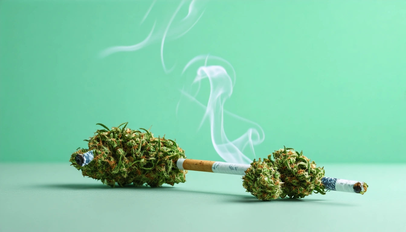 Two cannabis buds attached to a cigarette with smoke rising against a green background