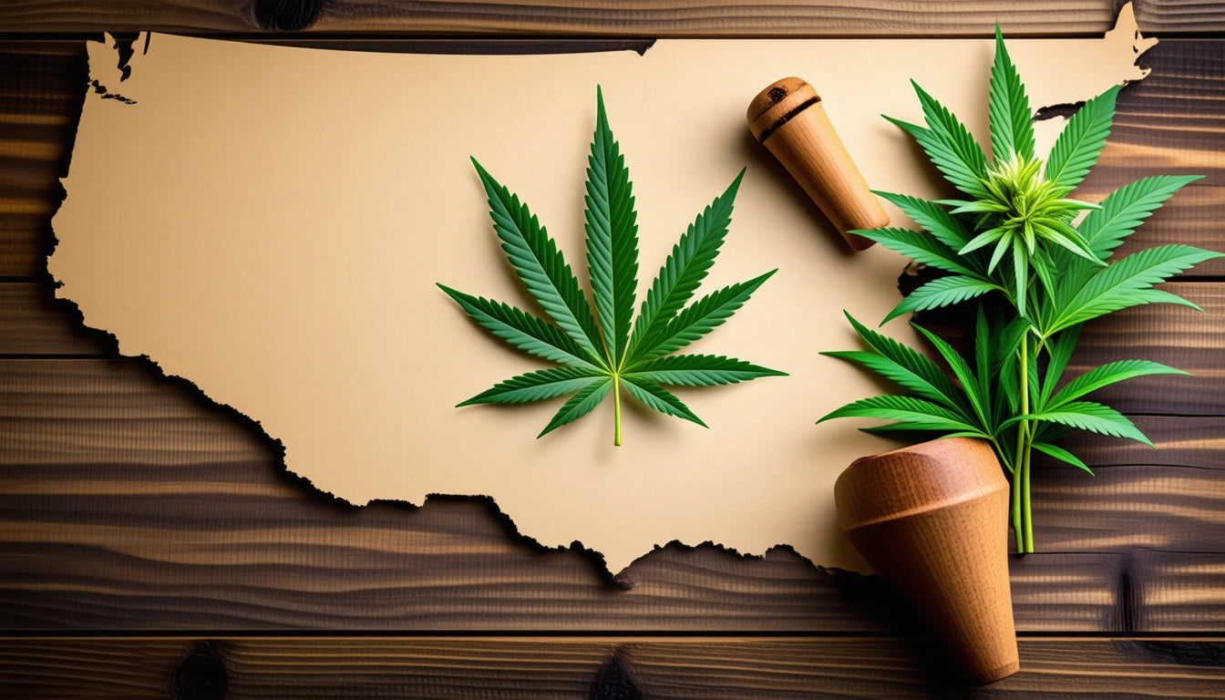 Wooden map silhouette with cannabis leaves and wooden grinder on top