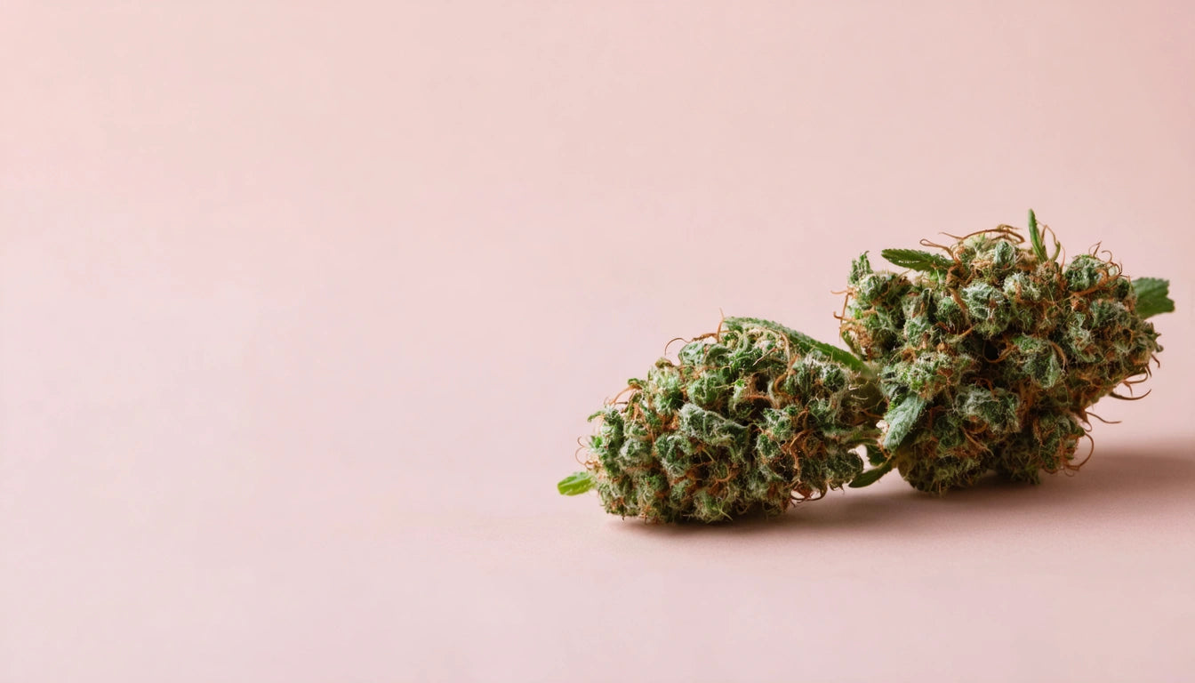 Two green, textured plant buds with orange hairs on a pale pink background