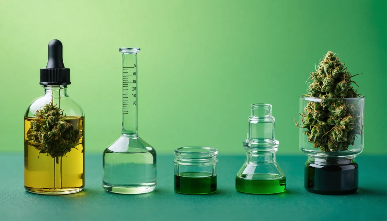 Glass bottles with green liquids and a jar containing dried plant buds on a green background