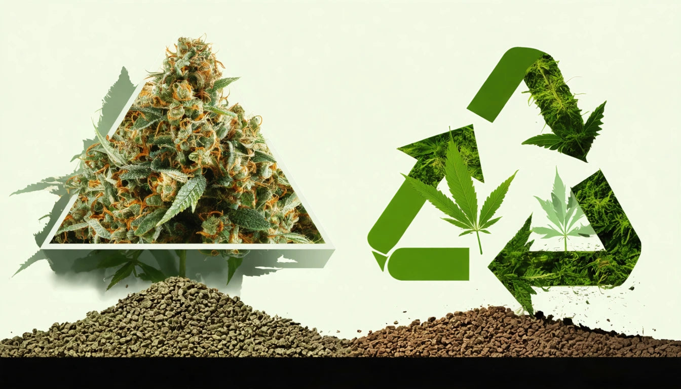 Green cannabis plant in a triangle beside a green recycling symbol with cannabis leaves inside, above piles of soil