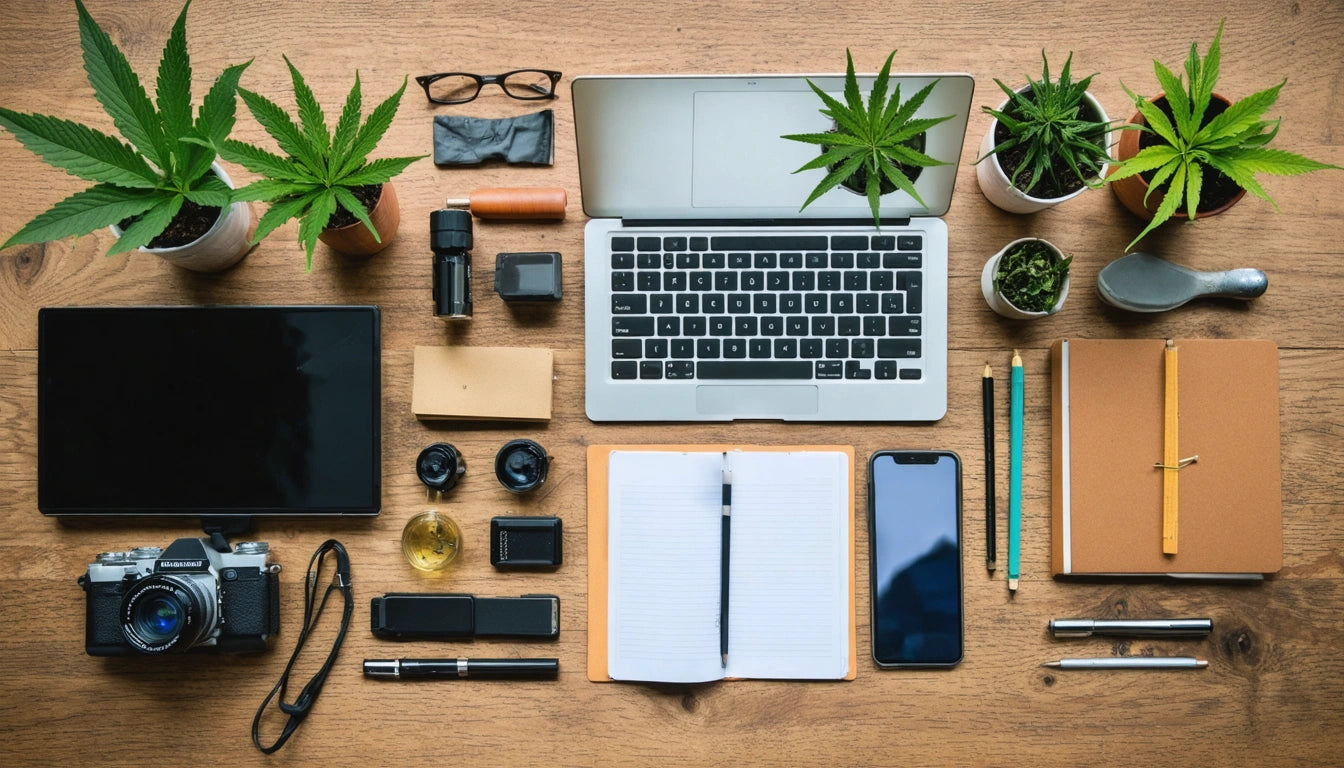 Laptop on wooden table surrounded by potted plants, camera, smartphone, notebook, pens, glasses, and various small items
