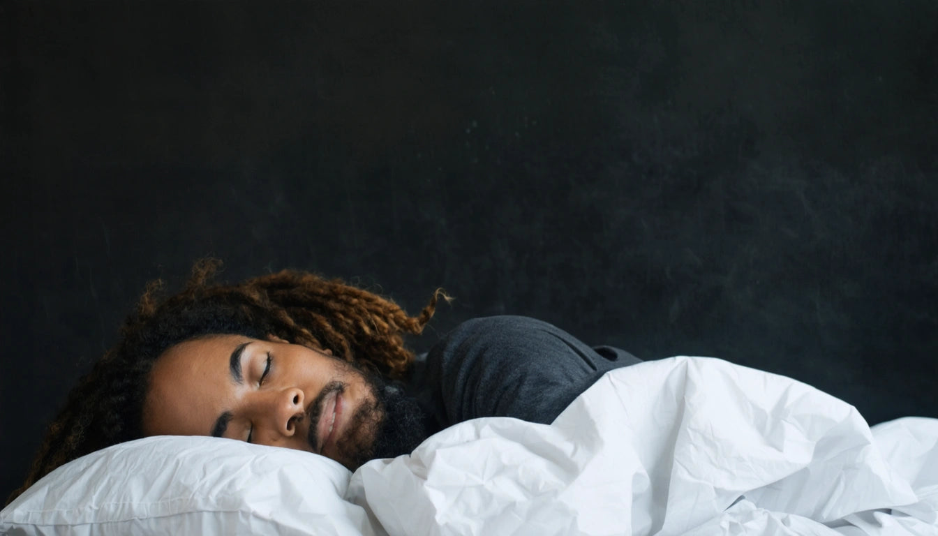 Person with closed eyes lying on white pillow and blanket, dark background