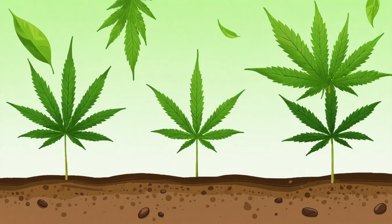 Three green leaves growing from soil, with additional leaves and seeds scattered above against a light green background