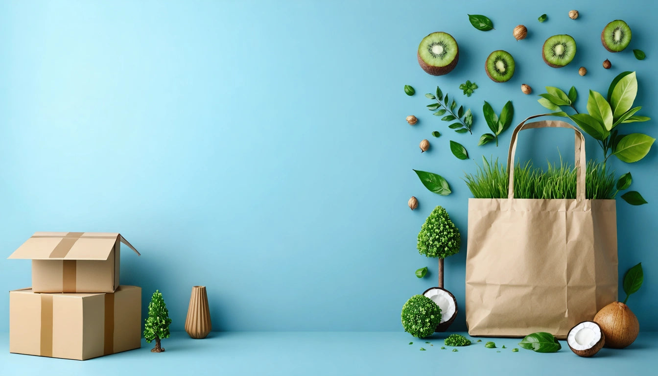 Brown paper bag with green plants and fruits, including kiwis and coconuts, against a blue background with cardboard boxes