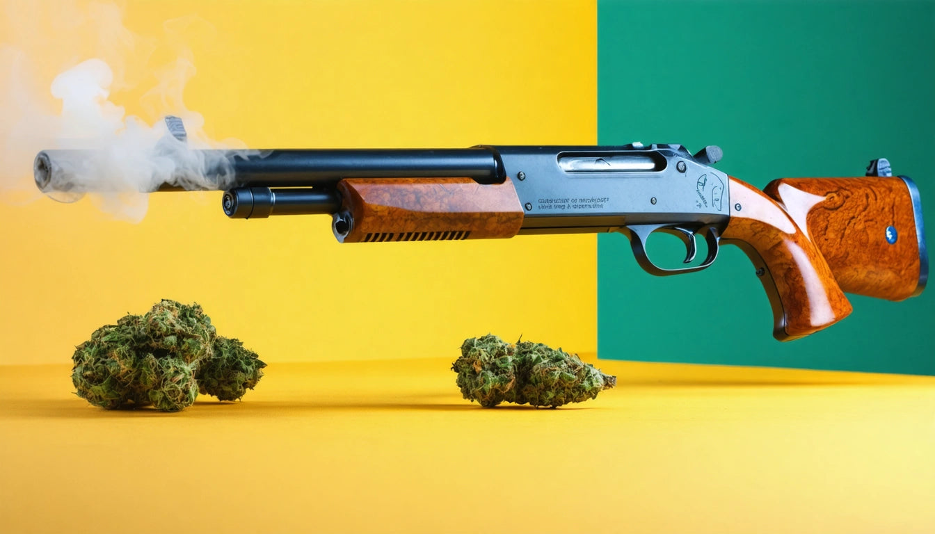 Shotgun with smoke from barrel, wooden stock, against yellow and green background, two clusters of green foliage on surface