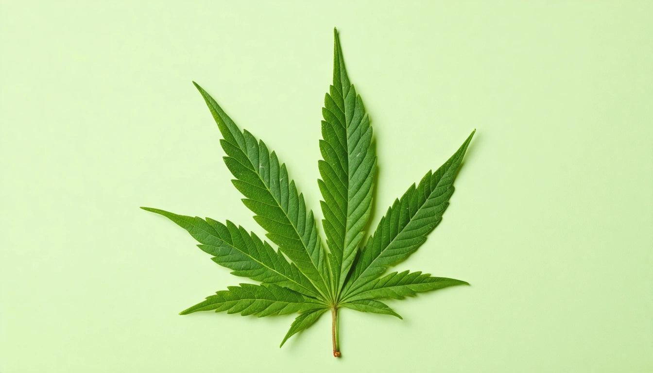 Green leaf with serrated edges on a light green background