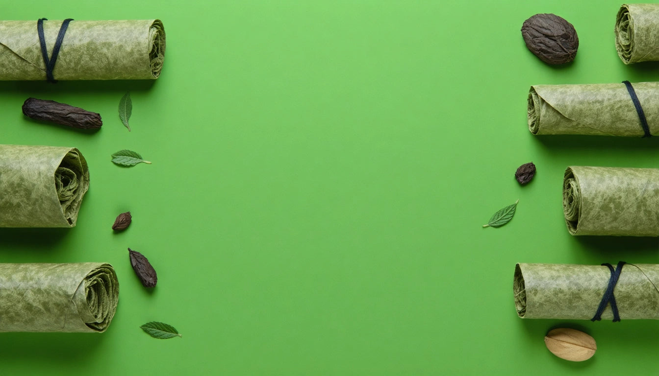 Green background with rolled green paper on edges, scattered leaves, and dark dried fruits