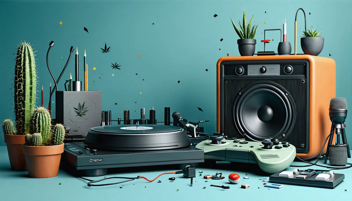 Turntable, speaker, microphone, game controller, potted cacti, and scattered wires on a blue background