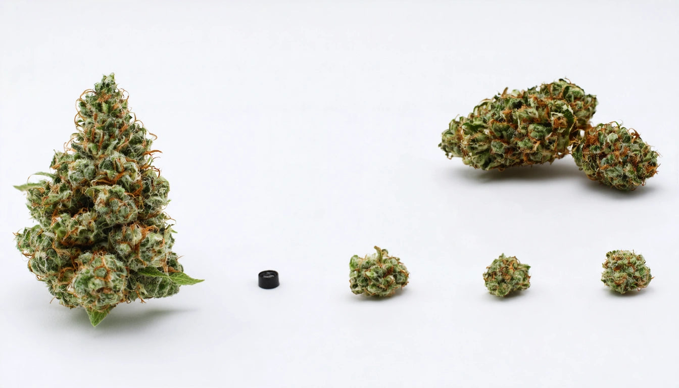 Large and small green, orange-tinged buds on white surface, with a small black cylindrical object between them