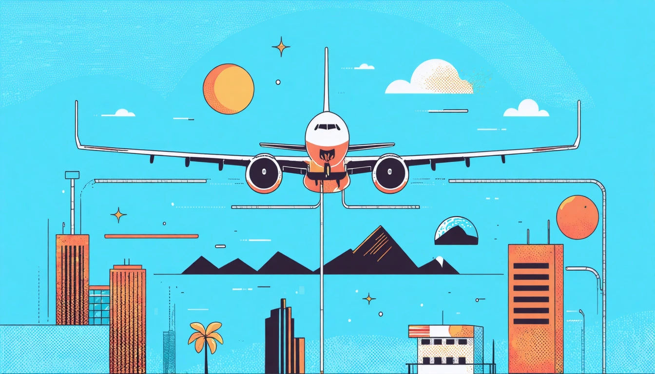 Airplane flying over cityscape with tall buildings, mountains, and a palm tree; sun and clouds in the blue sky