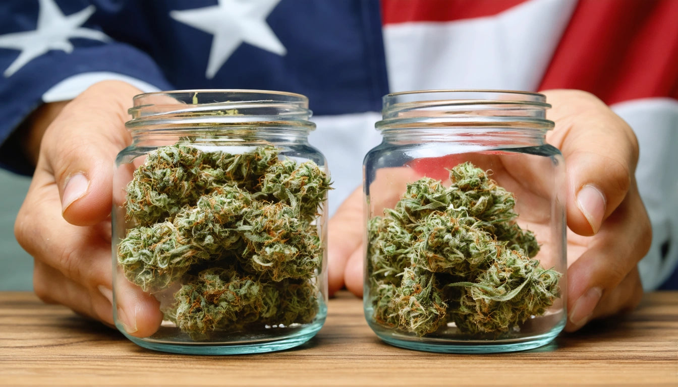 Two glass jars filled with green buds on a wooden surface, hands holding them, with a blurred American flag in the background
