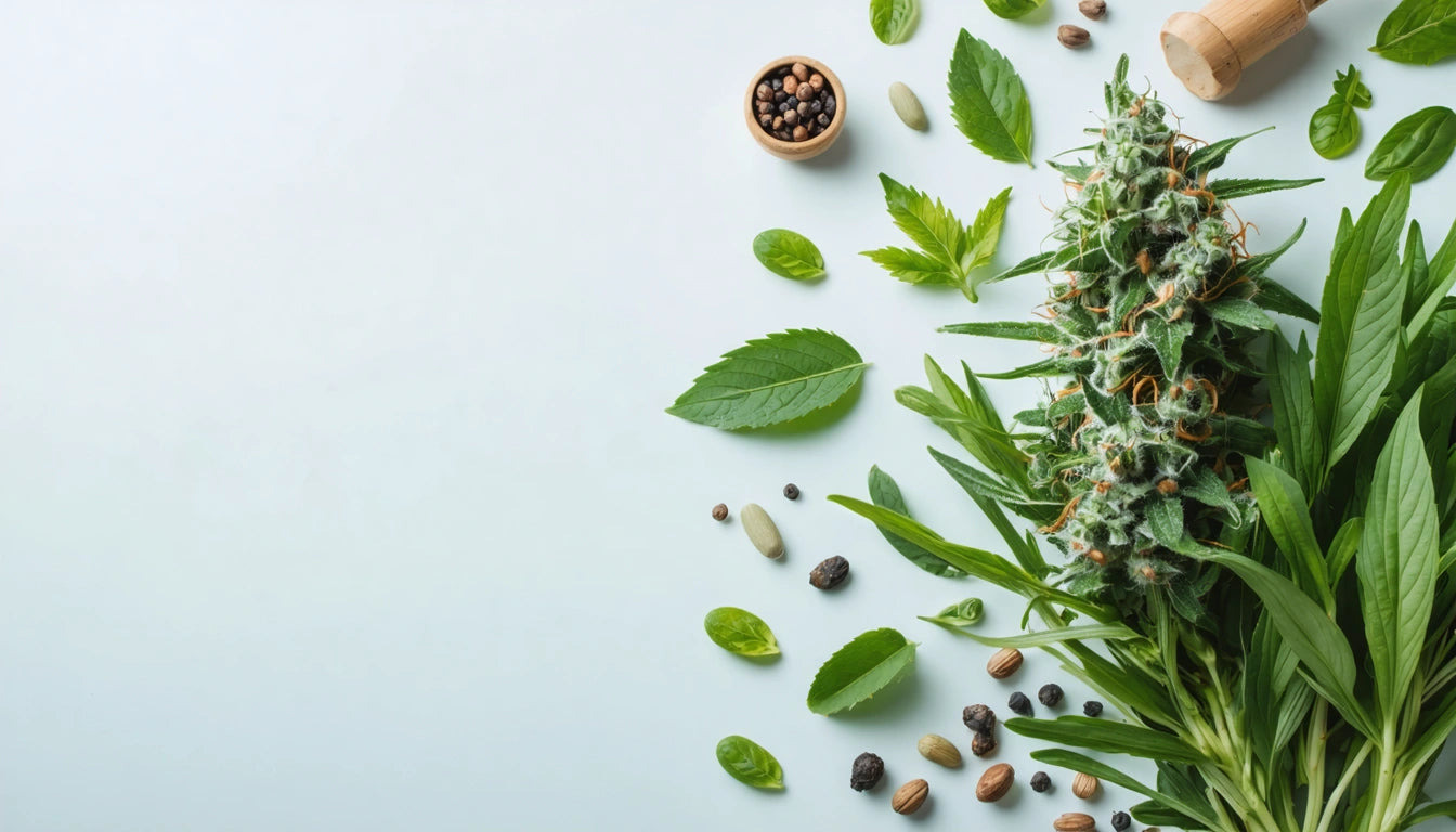 Assorted green leaves, seeds, and a small wooden bowl with peppercorns scattered on a light blue surface