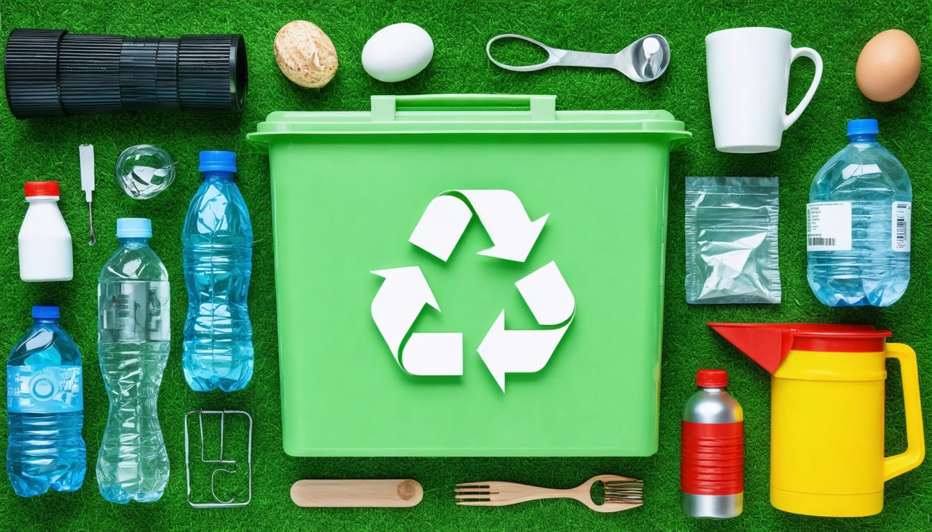 Green recycling bin with white arrows surrounded by plastic bottles, metal cans, paper cup, egg, and wooden utensils on grass