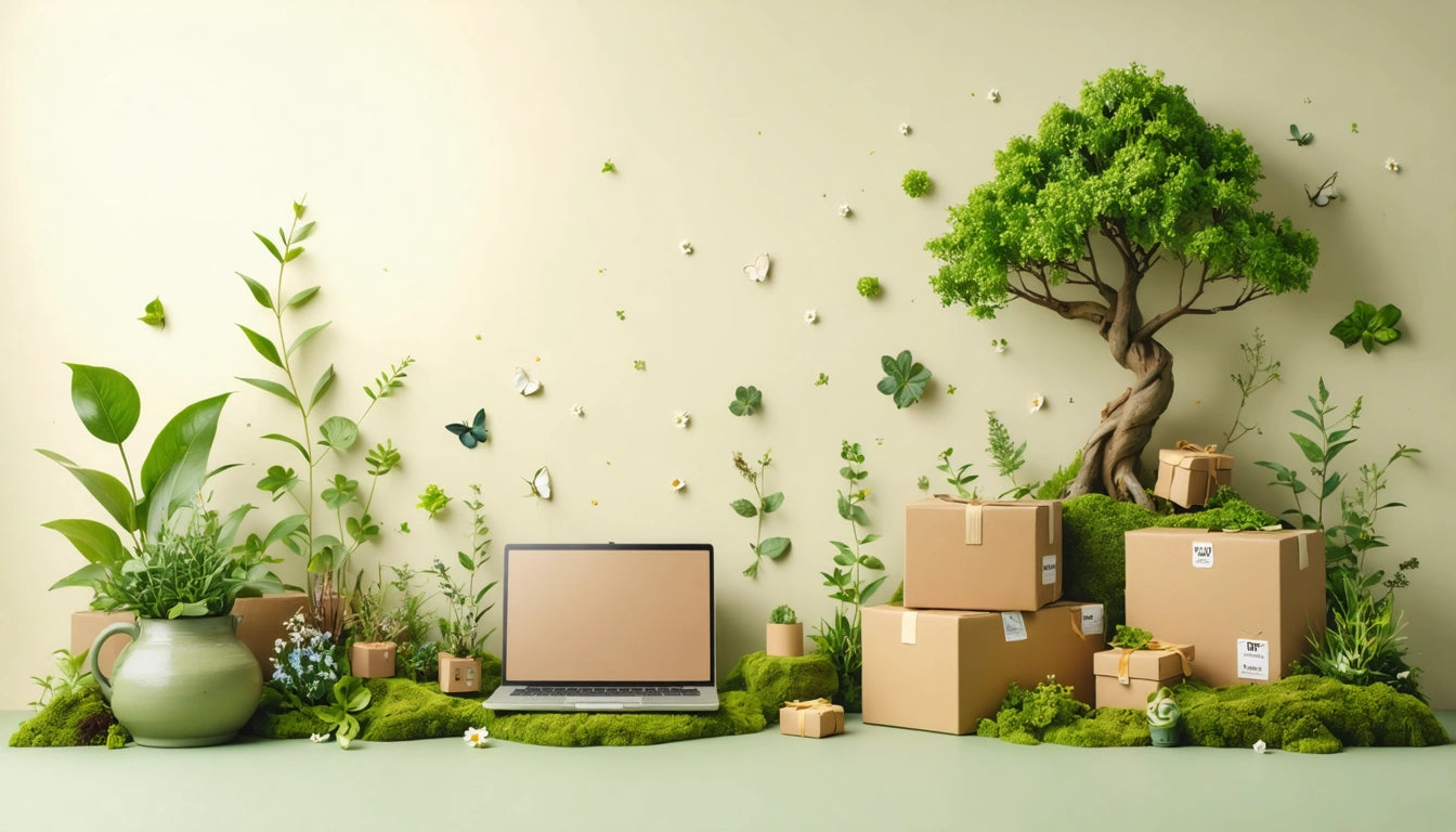 Laptop surrounded by cardboard boxes, green plants, and a bonsai tree on a moss-covered surface