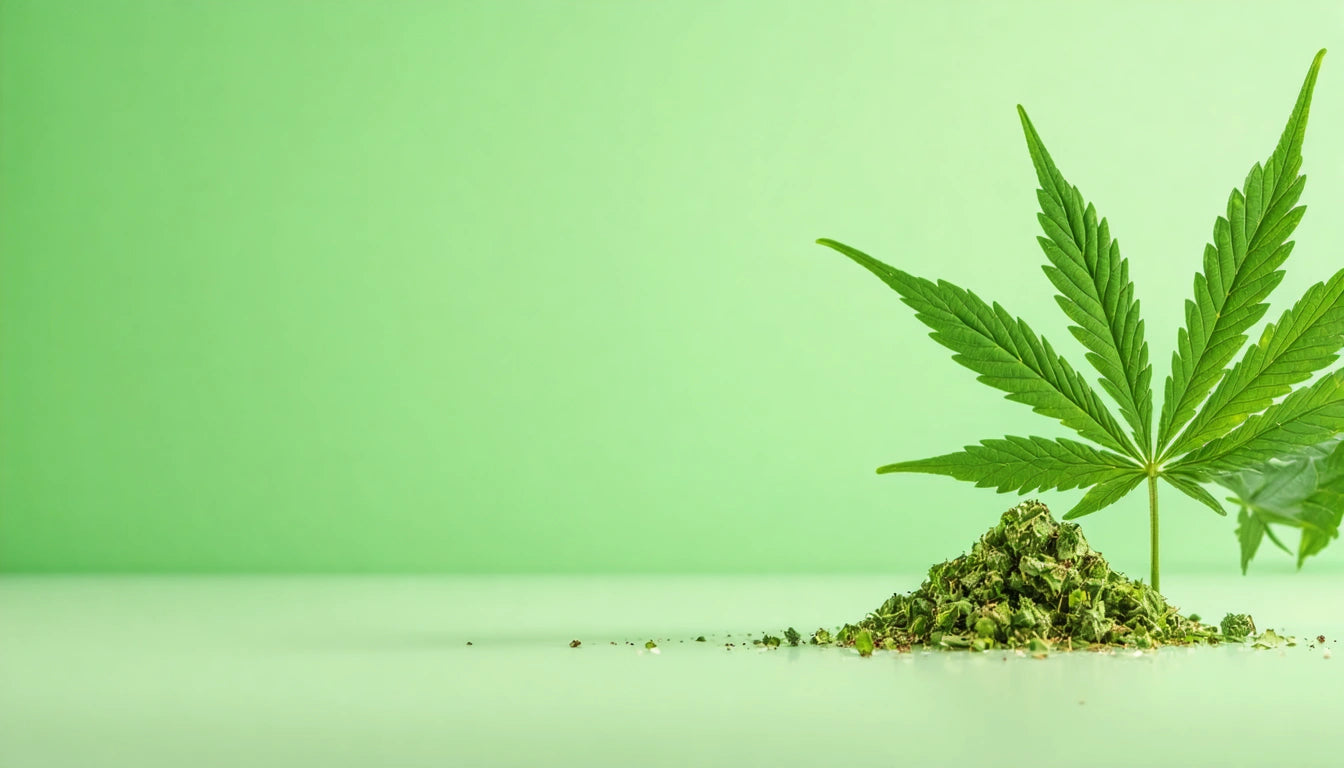 Green cannabis leaf and small pile of dried herbs on light green background