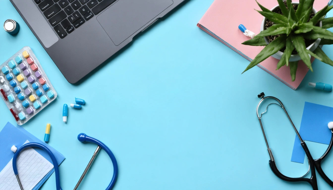 Laptop, stethoscope, pill blister packs, and plant on blue surface with pink notebook