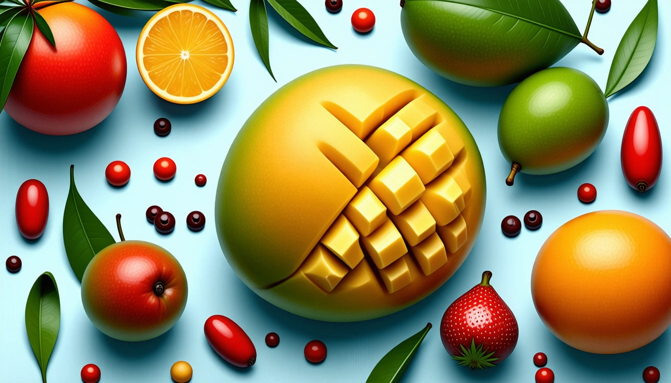 Sliced mango with cubes, surrounded by whole fruits and leaves on a light blue background