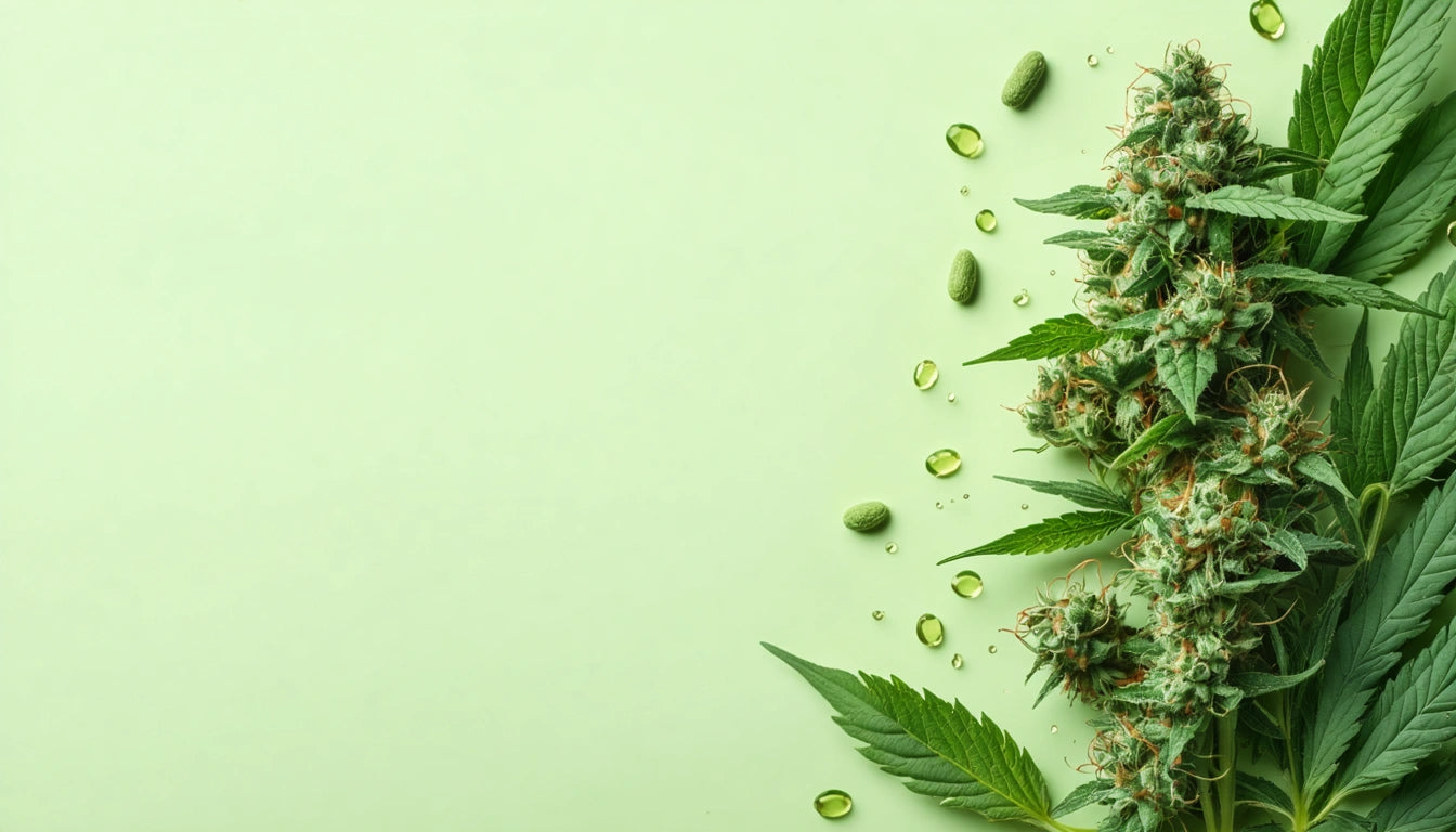 Green leaves and buds with scattered droplets and capsules on a light green background, arranged on the right side