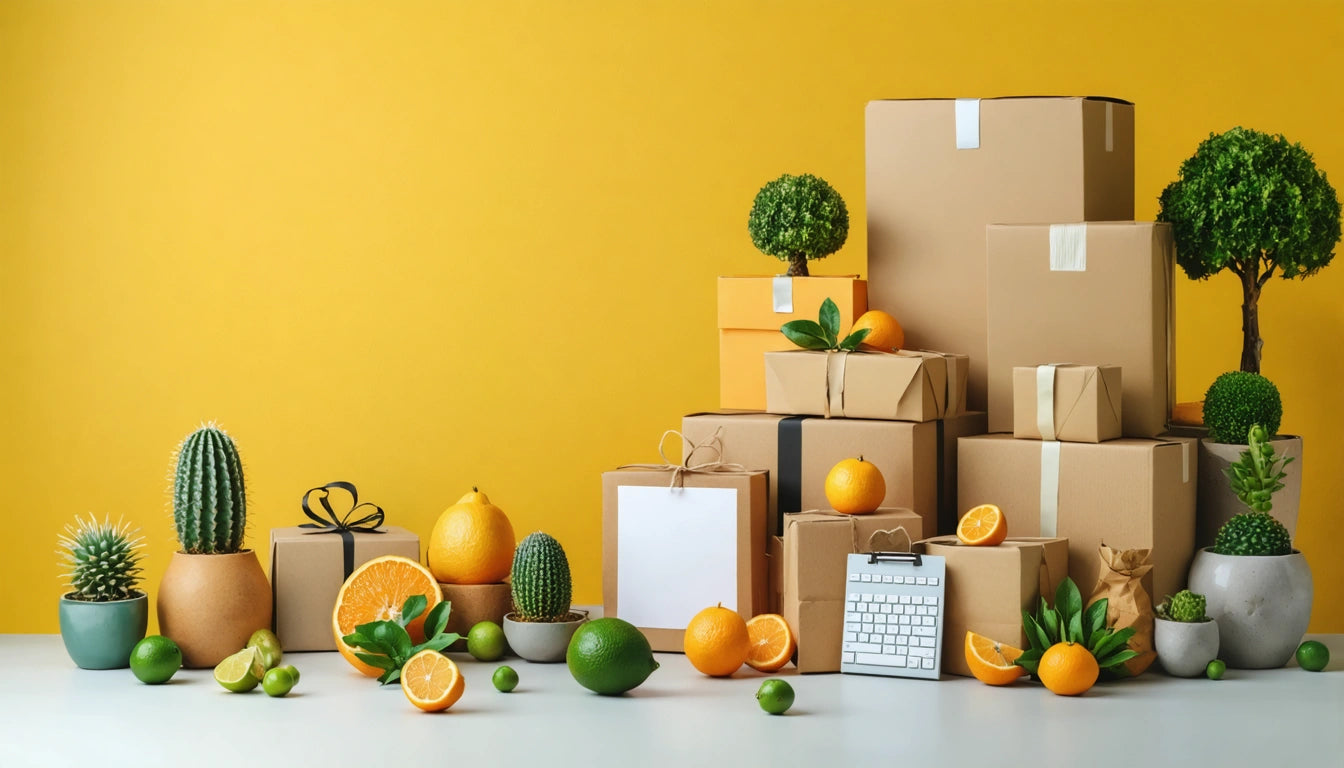 Cardboard boxes stacked against a yellow wall, surrounded by citrus fruits, small potted plants, and a miniature keyboard