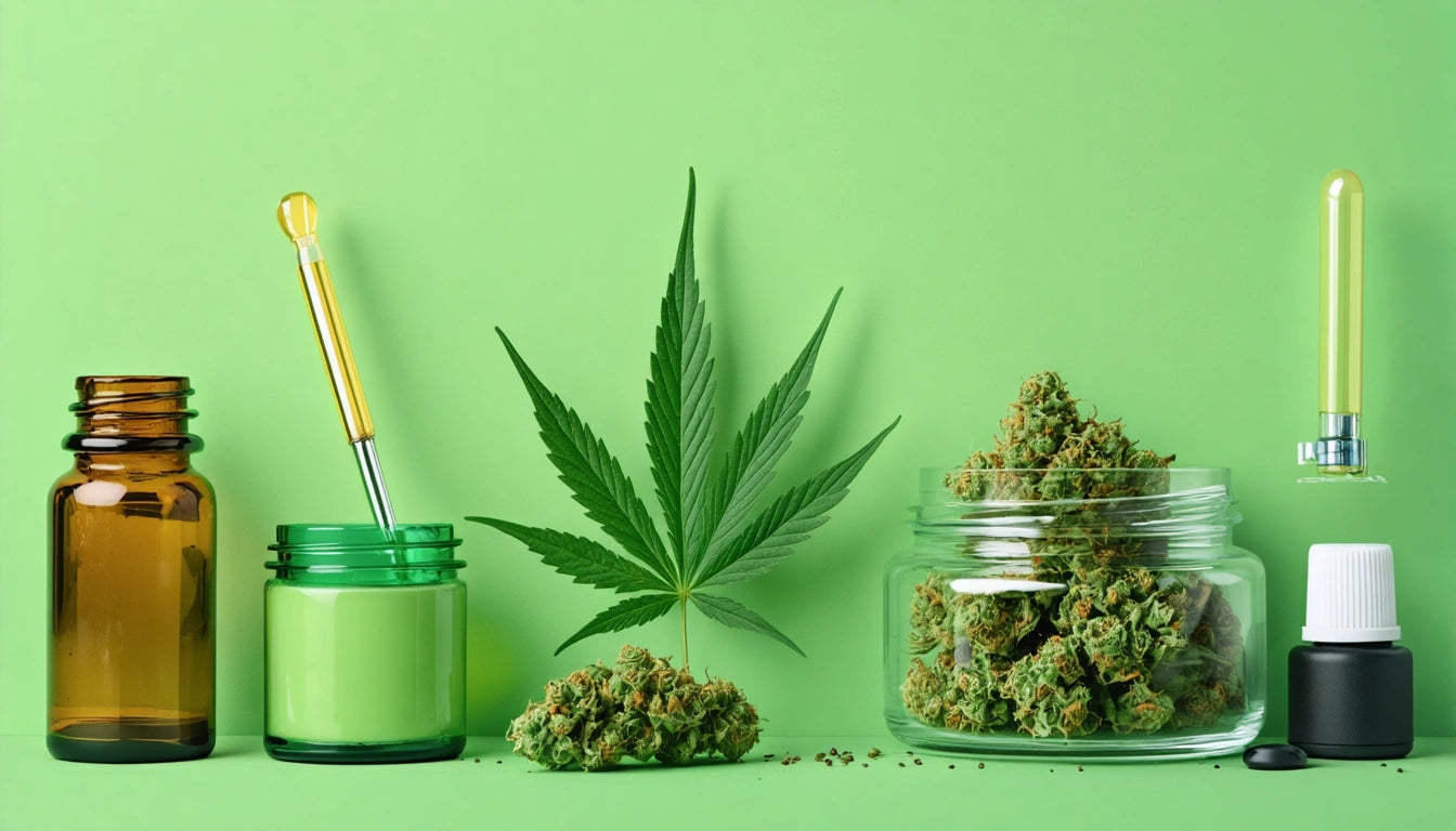 Brown bottle, green jar with dropper, cannabis leaf, glass jar with buds, and yellow dropper on green background