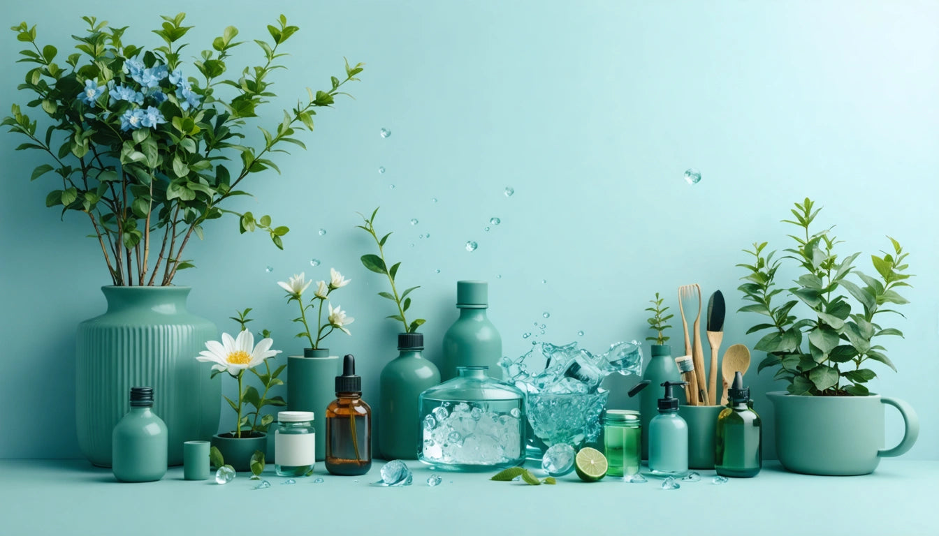 Various green and brown bottles, plants, and flowers arranged on a light blue surface with scattered ice cubes and water droplets