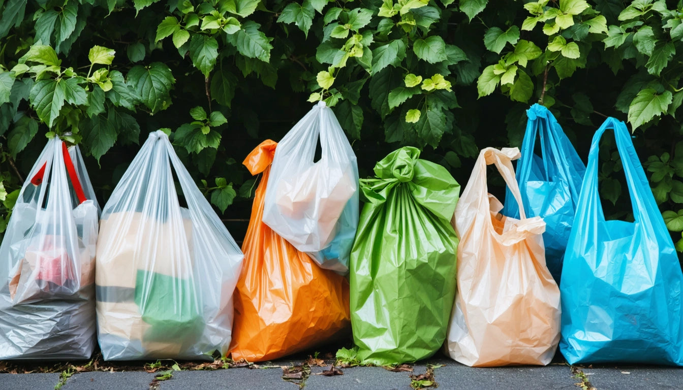 Plastic bags in various colors lined up on pavement, filled with items, against a backdrop of green leafy bushes